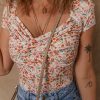 Women's Orange Short Sleeve Floral Ruched Sweetheart Bodysuit - Casual Summer Top - Image 6