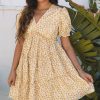 Women's Yellow Floral Short Sleeve V Neck Frilly Tiered Mini Dress - Perfect for Summer Occasions - Image 5