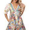 Women's Multicolour Boho Floral Print Crochet Patchwork V Neck Loose Mini Dress - Image 21