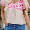 Women's Beige Floral Embroidered Blouse with Notched V Neck and Flutter Sleeves - Image 9