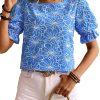 Women's Sky Blue Eyelet Flower Embroidery Frilled Short Puff Sleeve Blouse - Image 12