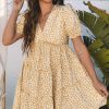 Women's Yellow Floral Short Sleeve V Neck Frilly Tiered Mini Dress - Perfect for Summer Occasions - Image 6