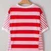 Women's Pink Stripe Patchwork Round Neck Loose T-Shirt with Side Splits - Image 10