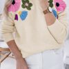 Women's Beige Knitted Flower Pattern Ribbed Edge Sweater - Image 2