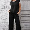 Women's Black Cable Knit Contrast Trim Short Sleeve Top and Wide Leg Pants Set - Image 3