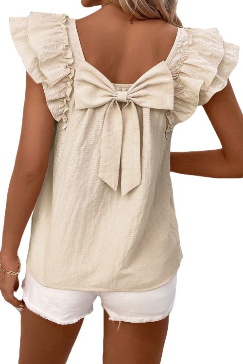 Women's Elegant Beige Textured Bow Knot Frilled Butterfly Sleeve Blouse