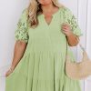 Plus Size Laurel Green Floral Crochet Short Sleeve Notch V Neck Tiered Mini Dress - Image 5