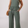 Women's Duffel Green Ribbed Ruffle Tank Top and Pants Set - Stylish Loungewear - Image 7