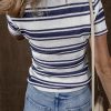 Women's Dark Blue Stripe Collared Button V Neck Knitted T-Shirt - Casual Chic Style - Image 2