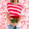 Women's Pink Stripe Patchwork Round Neck Loose T-Shirt with Side Splits - Image 3