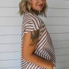 Women's Chestnut Striped Stand V Neck Short Sleeve Blouse for Effortless Chic Style - Image 2