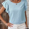 Women's Mist Blue Solid Color Ruffled Short Sleeve Casual Blouse - Elegant Round Neck Top - Image 4