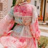 Women's Pink Patchwork Print Bubble Sleeves Belted Plus Size Dress - Image 3