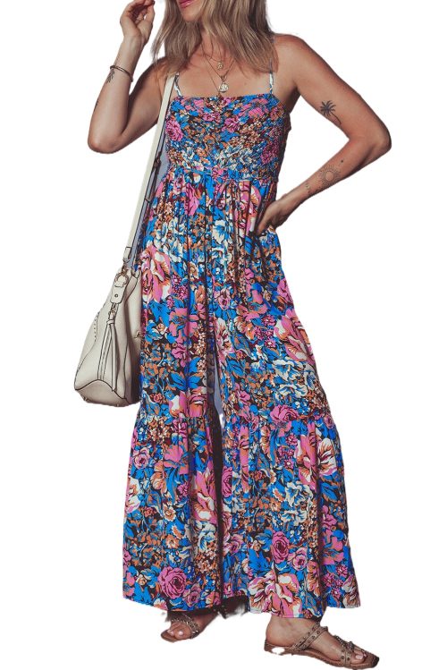 Women's Pink Floral Smocked Bust Spaghetti Strap Wide Leg Jumpsuit - Trendy and Comfortable Summer Outfit