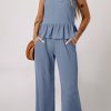 Women's Beau Blue Solid Color Ribbed Ruffle Tank Top and Pants Set - Image 7