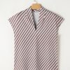 Women's Chestnut Striped Stand V Neck Short Sleeve Blouse for Effortless Chic Style - Image 12