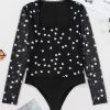 Women's Elegant Black Heart Shape Mesh Patchwork Square Neck Bodysuit - Image 8