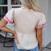 Women's Beige Floral Embroidered Blouse with Notched V Neck and Flutter Sleeves - Image 2