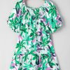 Women's Green Floral Print Shirred Square Neck Mini Dress with Puff Sleeves - Image 6