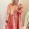 Women's Peach Blossom Metallic Sheen Puff Sleeve Mini Shirt Dress - Image 6