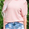 Women's Pink Stripe Textured Puff Sleeve Crewneck Top - Casual Chic - Image 12