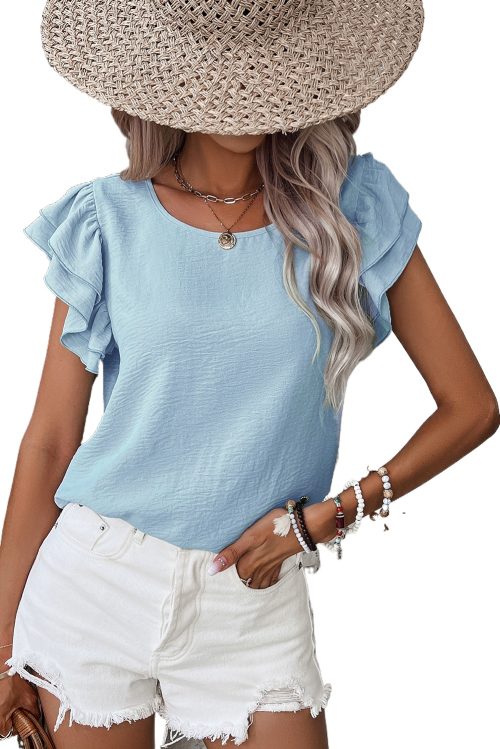 Women's Mist Blue Solid Color Ruffled Short Sleeve Casual Blouse - Elegant Round Neck Top