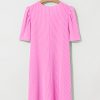 Women's Bright Pink Corded Knit Crew Neck Puff Sleeve Shift Mini Dress - Image 11