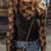 Women's Black Lace Mesh Crochet Splicing Slim Fit Long Sleeve Blouse - Image 6