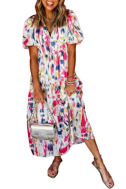 Women's Rose Abstract Print Short Puff Sleeve Tiered Maxi Dress