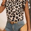 Women's Khaki Leopard Print Layered Ruffled Short Sleeve Blouse - Elegant and Versatile - Image 6