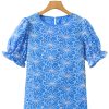 Women's Sky Blue Eyelet Flower Embroidery Frilled Short Puff Sleeve Blouse - Image 13