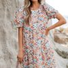 Women's Apricot Bohemian Floral Print Short Puff Sleeve Mini Dress - Image 3