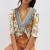 Women's Multicolor Crochet V Neck Half Sleeve Boho Floral Blouse - Image 4