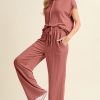 Women's Mineral Red Solid Color Corded Short Sleeve Top and Wide Leg Pants Set - Image 3