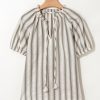 Women's Gray Stripe Ruffled Tie Neck Short Sleeve Blouse - Casual Summer Top - Image 7