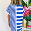 Women's Blue Stripe Mixed Printed Short Sleeve Shift Mini T-Shirt Dress - Image 2