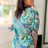 Trendy Plus Size Green Abstract Print Knotted Short Sleeve Blouse - Image 2