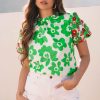 Elegant Green Floral Blouse with Contrast Embroidered Puff Short Sleeves - Image 5