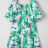 Women's Green Floral Print Shirred Square Neck Mini Dress with Puff Sleeves - Image 8