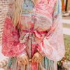 Women's Pink Patchwork Print Bubble Sleeves Belted Plus Size Dress - Image 2