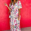 Women's Rose Abstract Print Short Puff Sleeve Tiered Maxi Dress - Image 4