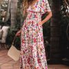 Women's Red Floral Short Sleeve V Neck High Waist Maxi Dress - Elegant and Flattering - Image 4