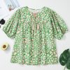 Plus Size Green Floral Tassel Tie Split Neck Blouse with Puff Sleeves - Image 4