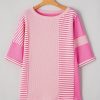 Trendy Women's Pink Stripe Color Block Patchwork Half Sleeve T-Shirt - Image 14