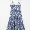 Women's Blue Floral Spaghetti Strap Frilled V Neck Tiered Midi Dress for Summer - Image 10