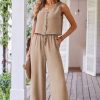 Women's Goat Color Buttoned Vest & Drawstring Wide Leg Pants 2-Piece Set - Image 6