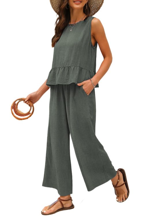 Women's Duffel Green Ribbed Ruffle Tank Top and Pants Set - Stylish Loungewear