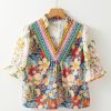 Women's Multicolor Crochet V Neck Half Sleeve Boho Floral Blouse - Image 8