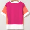 Women's Rose Red Color Block Patchwork Loose Fit T-Shirt with Side Slits - Image 14