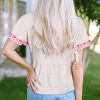 Women's Beige Floral Embroidered Blouse with Notched V Neck and Flutter Sleeves - Image 11